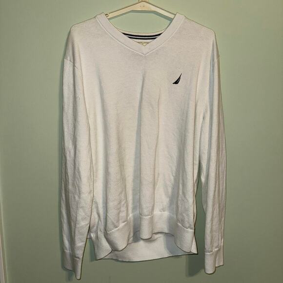 Nautica White V-Neck Sweater Classic Knit - Picture 1 of 1